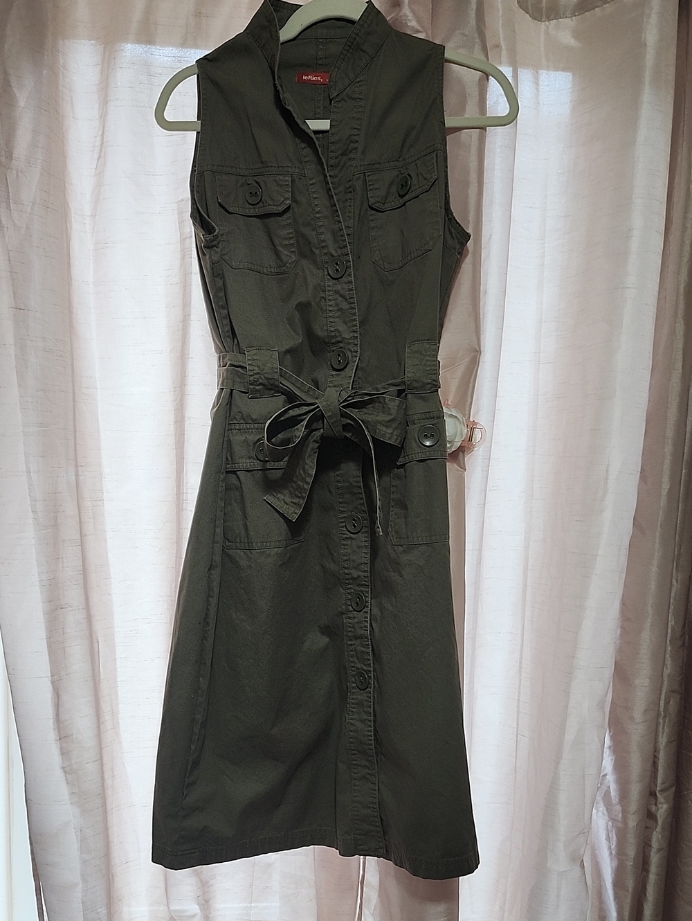 Sleeveless Olive Utility Shirt Dress with Tie Waist - Casual Chic